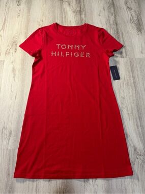 Tommy Hilfiger Red Logo Tee Dress with Rhinestone Detail